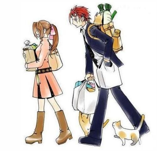 two anime characters walking next to each other with their dog and cat on leashes