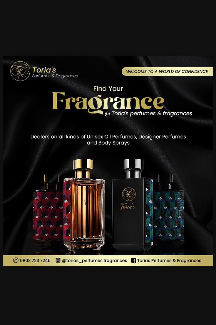 an advertisement for the perfume brand fragance, featuring three different colors and designs