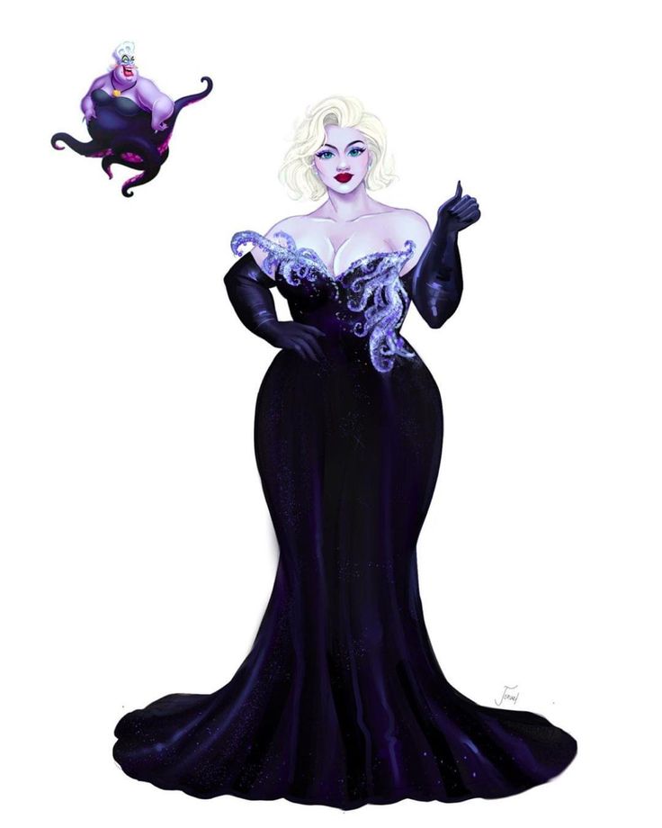 a drawing of a woman in a black dress with a purple cat on her shoulder