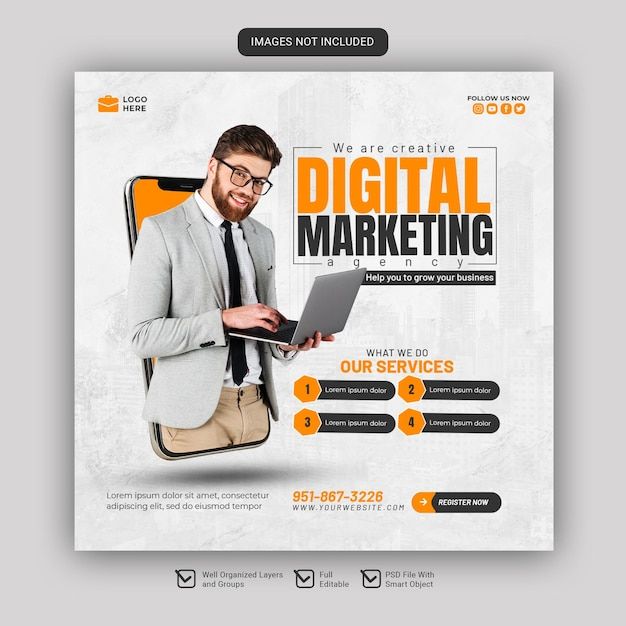 a web page for a digital marketing company with a man in a suit and tie on his laptop