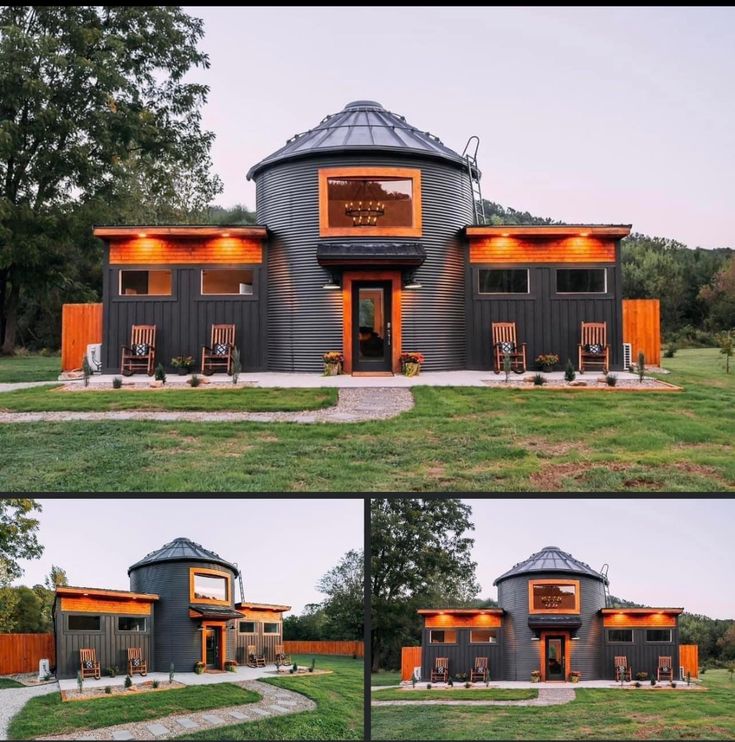 this is an image of a modern house with orange accents on the front and side