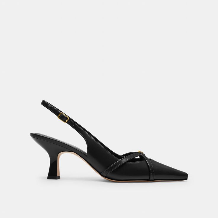 Detailed with our polished Heritage C Plaque the Rowyn slingback is a classic kitten heel silhouette for workdays and weekends. Crafted of smooth leather it’s finished with a comfortable padded footbed. | Coach Rowyn Slingback - Women's Size 9.5 - Black Sleek Slingback Kitten Heels With Padded Heel, Elegant Square Toe Slingback Pumps For Work, Classic Pointed Toe Slingback Sandals For Office, Chic Coach Almond Toe Heels, Classic Slingback Sandals With Pointed Toe For Office, Classic Coach Almond Toe Heels, Classic Low Heel Slingback Sandals For Office, Sleek Leather Slingback Kitten Heels, Elegant Coach Pointed Toe Heels