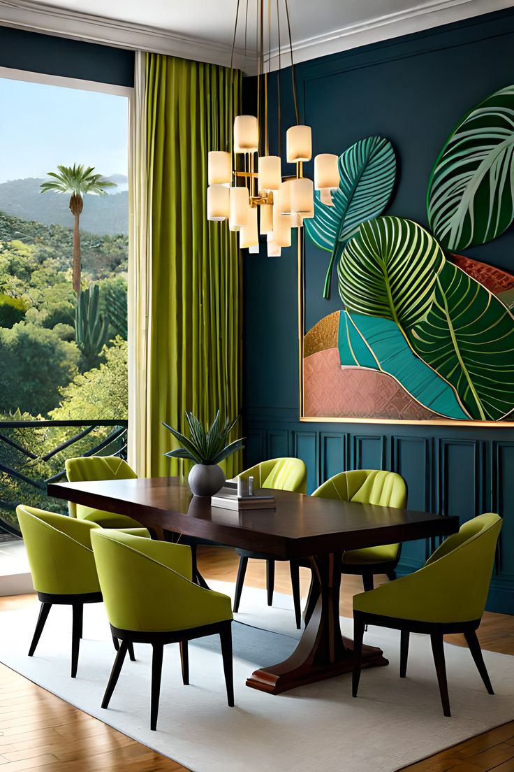 a dining room with green chairs and a painting hanging on the wall above the table