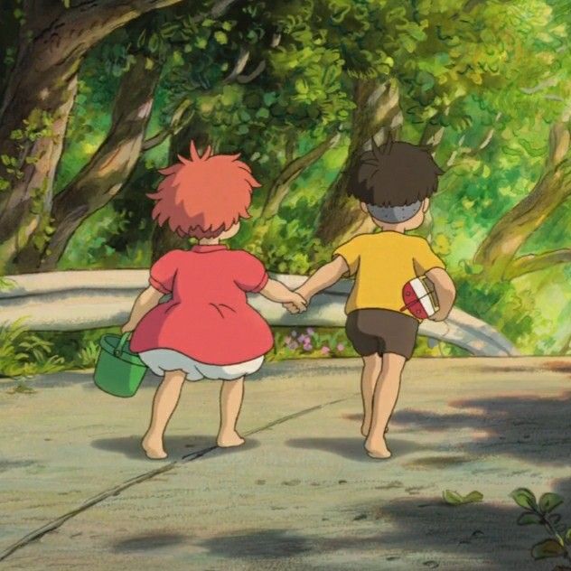 two children are walking in the woods holding hands and looking at each other's back