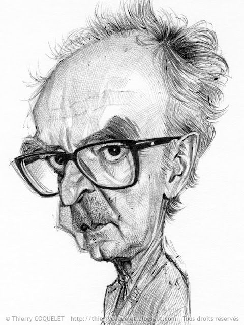 a black and white drawing of a man with glasses