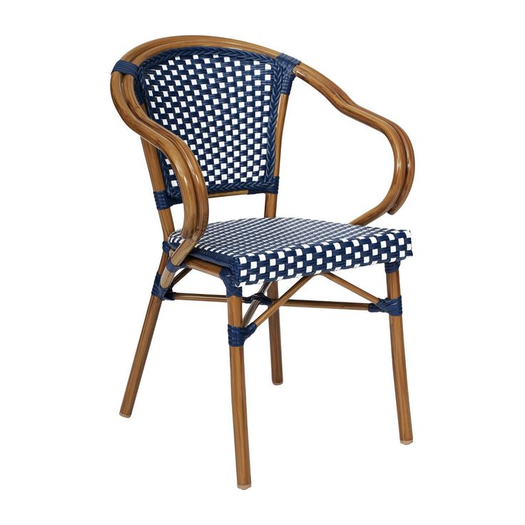 a wooden chair with blue and white checkered upholstered fabric on the seat