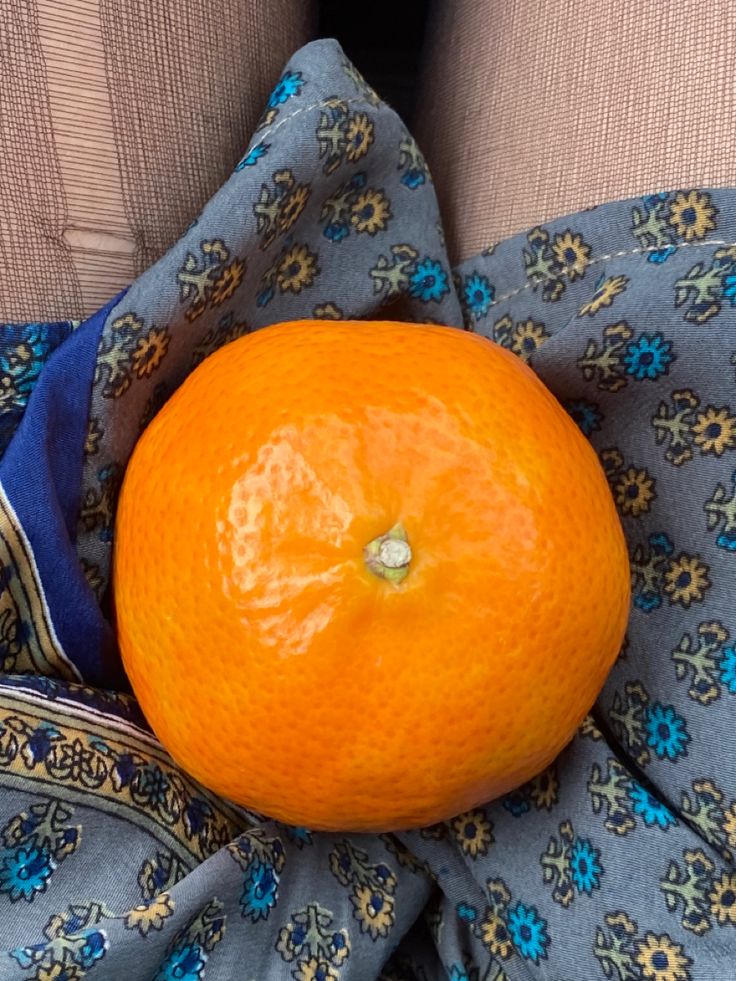 an orange sitting on top of a blue and yellow cloth with a flower design around it