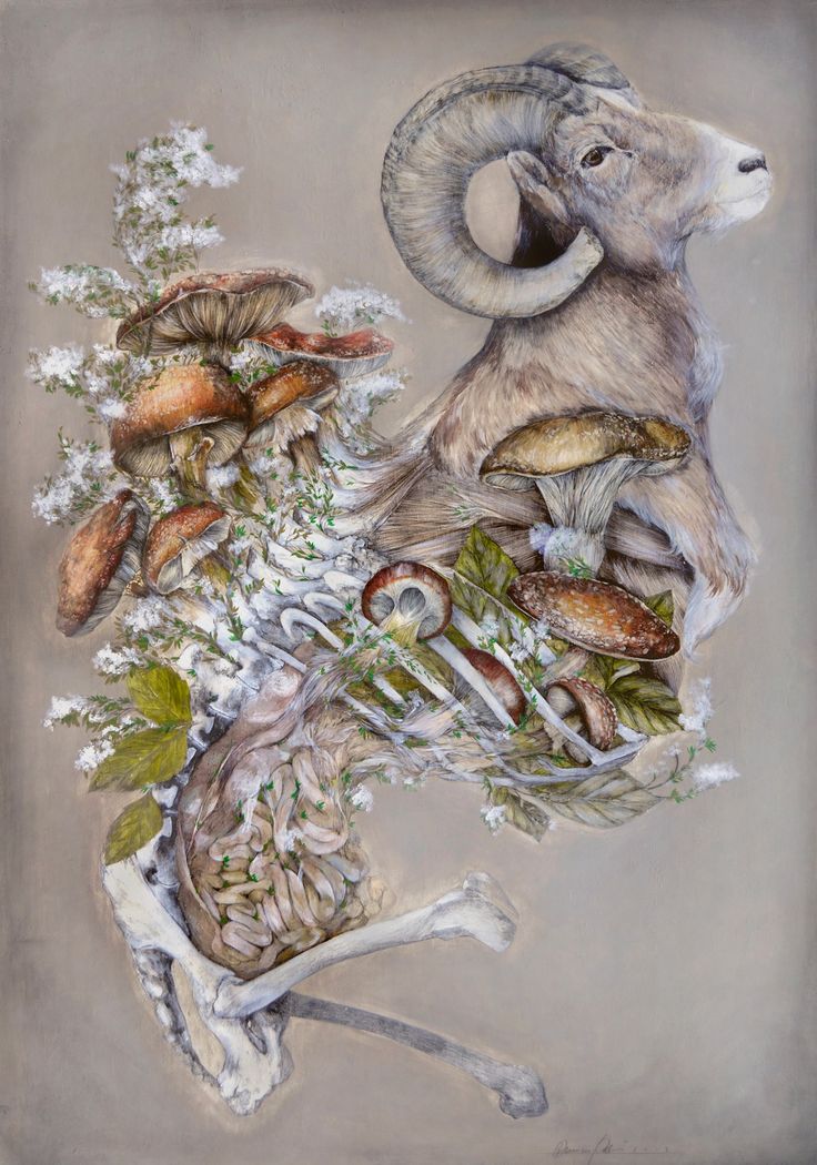 a painting of an animal surrounded by mushrooms