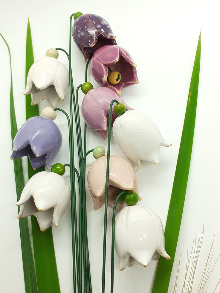 some flowers that are sitting on top of green leaves and stems in front of a white wall