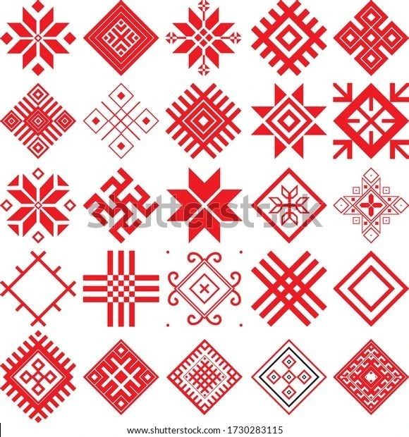 a collection of red and white geometric designs, all in different sizes on a white background