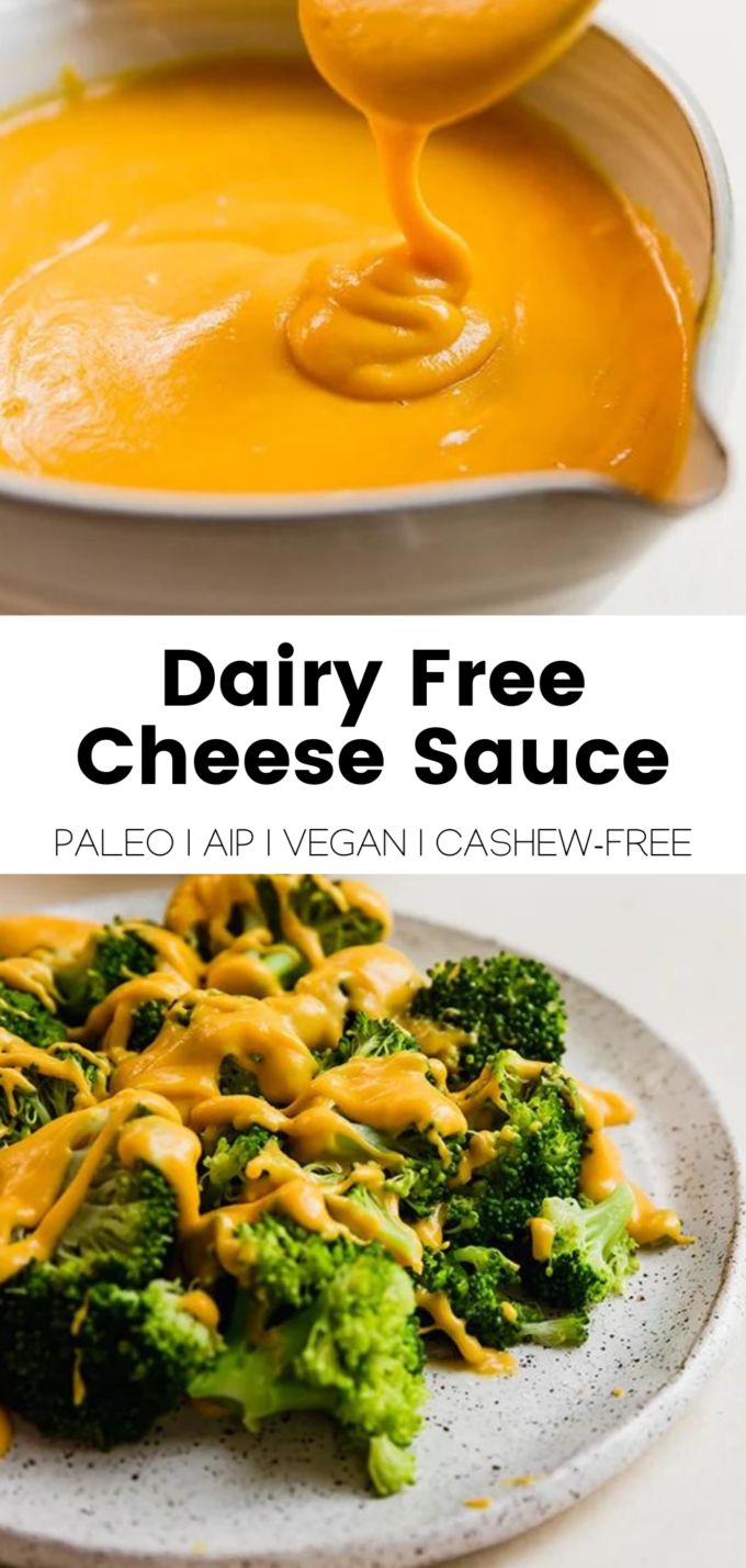 dairy free cheese sauce being drizzled over broccoli on a plate