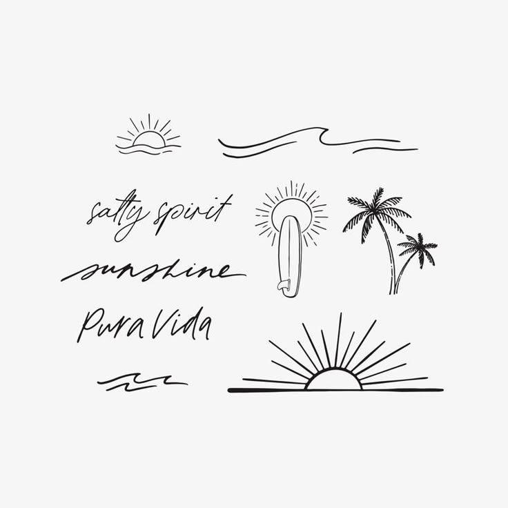 the words are written in black ink on a white background with palm trees and sun