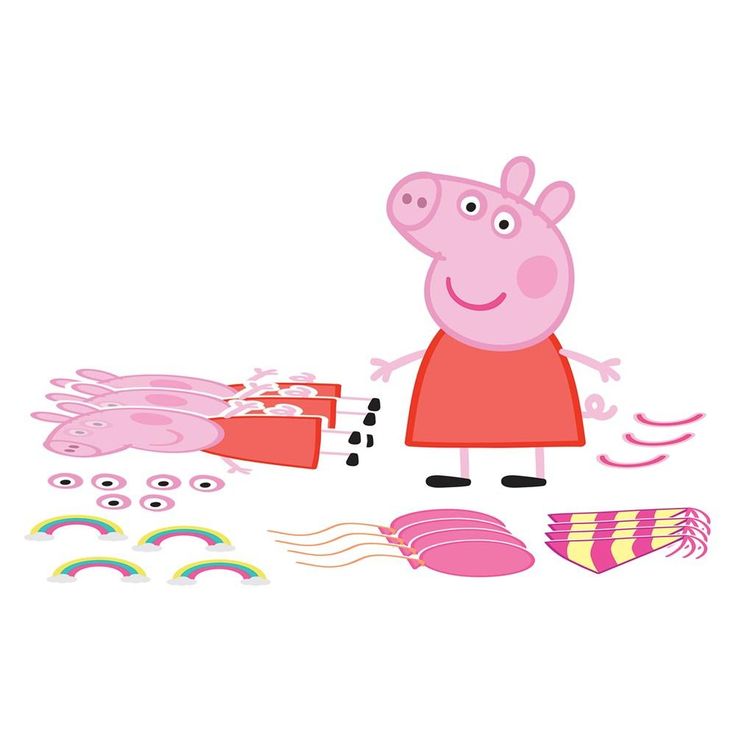 peppa pig standing next to some pink objects and other items on a white background