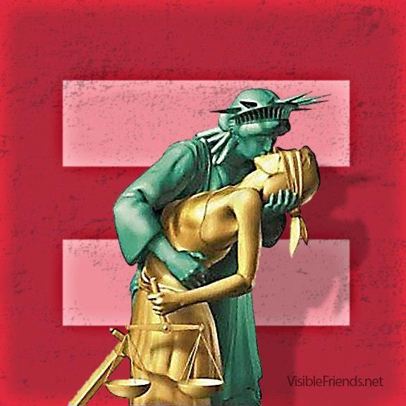 the statue of liberty is hugging a lady justice