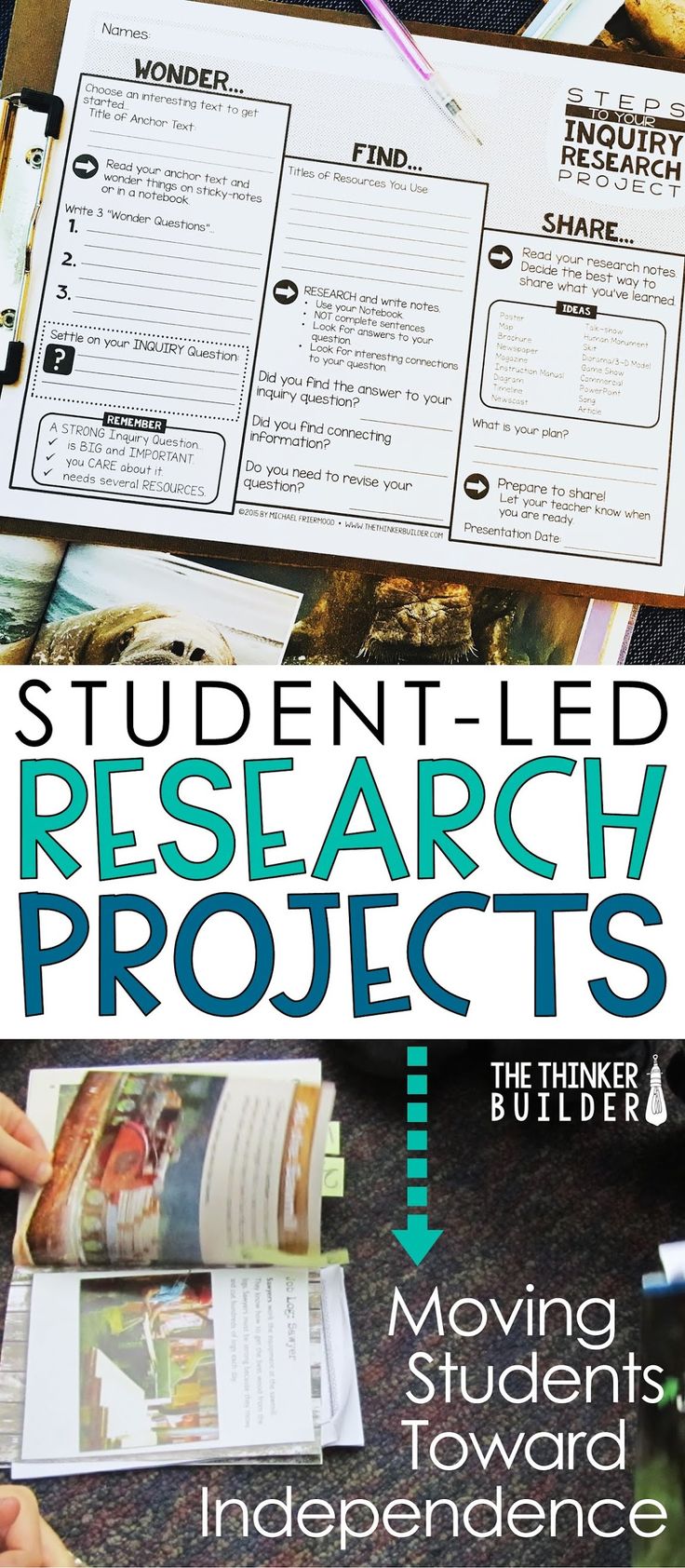 the student's research project is shown with text and pictures for each section in this book