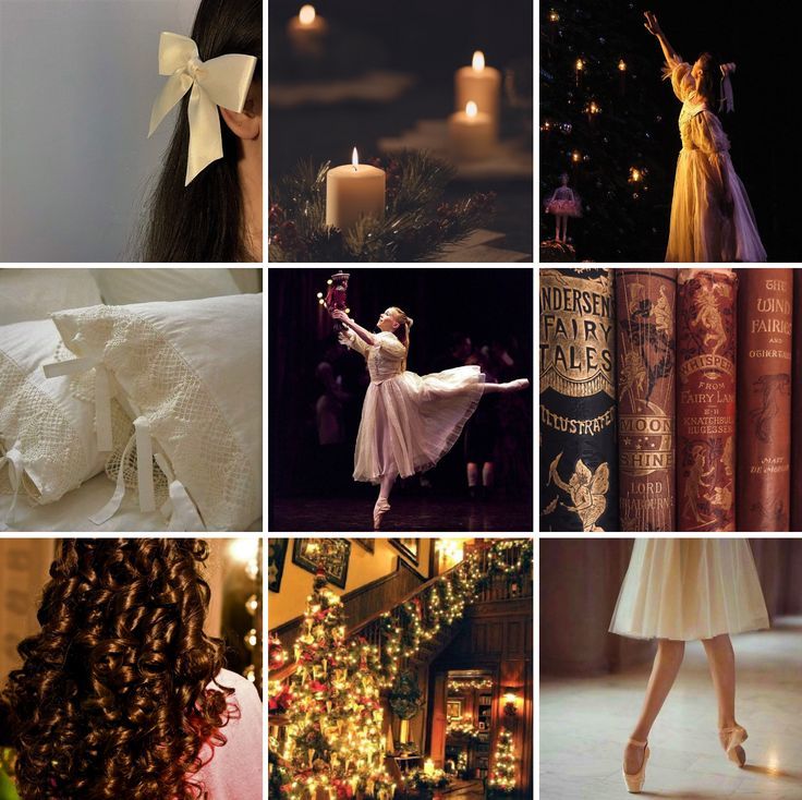 a collage of images with various types of hair and clothes, candles, dresses, books