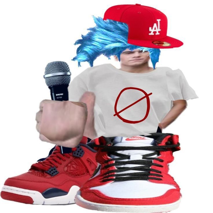 a man with blue hair wearing a red hat and holding a microphone next to a pair of sneakers