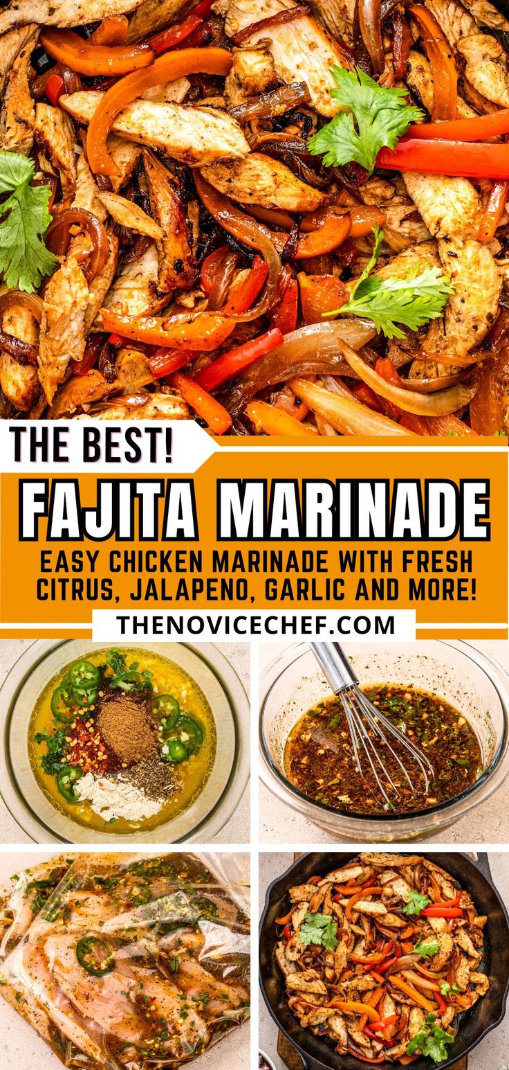 This bright, fresh and zesty chicken fajita marinade recipe is super quick and easy to whip together. Featuring fresh citrus, garlic, and spicy jalapeño, your chicken fajitas will be so tender and juicy, with a great depth of flavor! Fajitas Marinade Chicken, Fajita Meat Marinade, Chicken Marinade For Fajitas, Chicken And Shrimp Fajitas Recipes, Chicken Mexican Marinade, Shrimp Fajita Marinade, Pappasitos Fajita Marinade, Fajita Marinade Chicken, Mexican Fajita Marinade