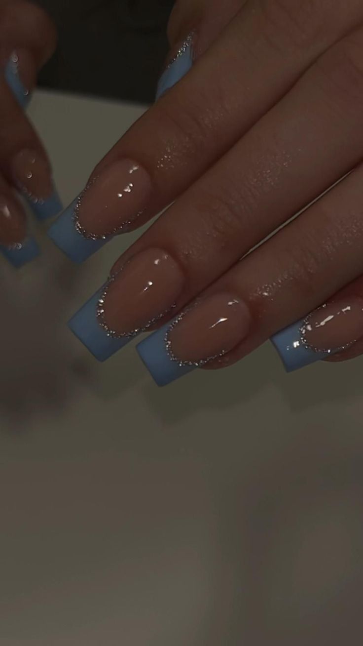 French tip nails Baby Blue Acrylic Nails, Blue Prom Nails, Grad Nails, Blue And Silver Nails, Nails Grey, Nail Spring, Blue Glitter Nails, Unghie Nail Art, Baby Blue Nails