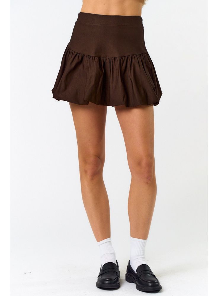 Both playful and chic, our Flared Bubble Skirt in Brown is a must-have this fall! This versatile skirt features a flared design that adds movement to your every step. Elevate your style game and embrace a confident, feminine look. Perfect for a day out or a night on the town! DETAILS Flared Hem Bubble Skirt Style Zipper Closure Color: Brown 74% Rayon, 22% Nylon, 4% Spandex Blue Blush is a young-contemporary women's clothing located in Los Angeles. They focus on sustainability and trendy items to Casual Flare Skirt In Cotton, Casual Flare Skirt For Summer, Chic Gathered Skort, Brown Skirted Bottoms With Ruffled Skirt, Brown Skirted Bottoms With Ruffled Detail, Brown Ruffled Skirted Bottoms, Chic Spring Lined Swim Skirt, Chic Flare Skirt For Spring, Flowy Tiered Skirt With Pleated Hem