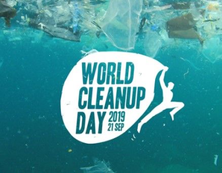 the world cleanup day logo is surrounded by plastic bags and trash floating in the ocean