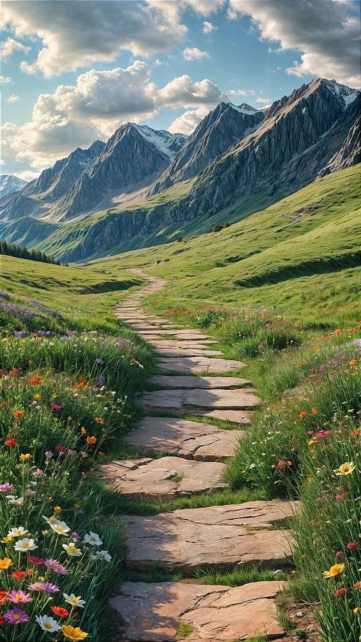 a stone path in the middle of a field with wildflowers and mountains in the background