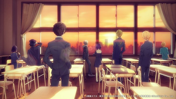 an anime scene with people standing in front of desks and looking out the window