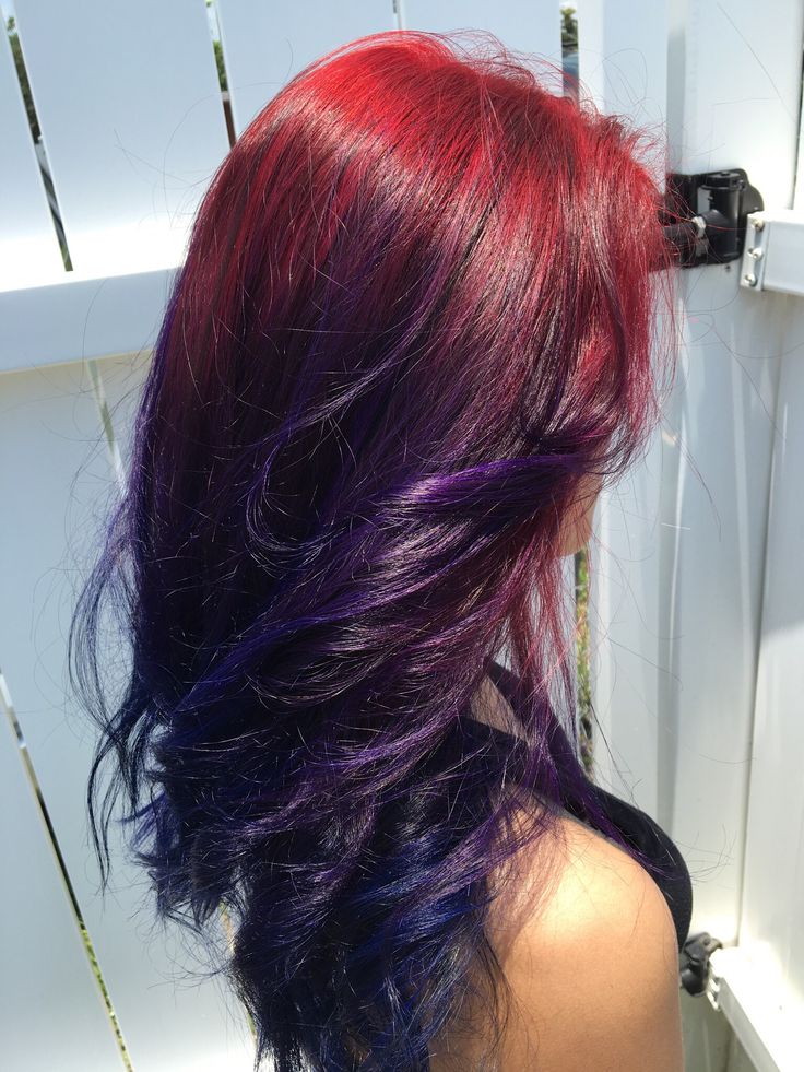 Red Into Purple Hair, Red Purple Blue Ombre Hair, Hair Color Red And Purple, Burgundy Blue Hair, Deep Red And Purple Hair, Purple Red Hair Color Ombre, Red And Blue Balayage Hair, Red Blue Purple Hair Highlights, Red Violet Hair Color With Highlights Purple Ombre