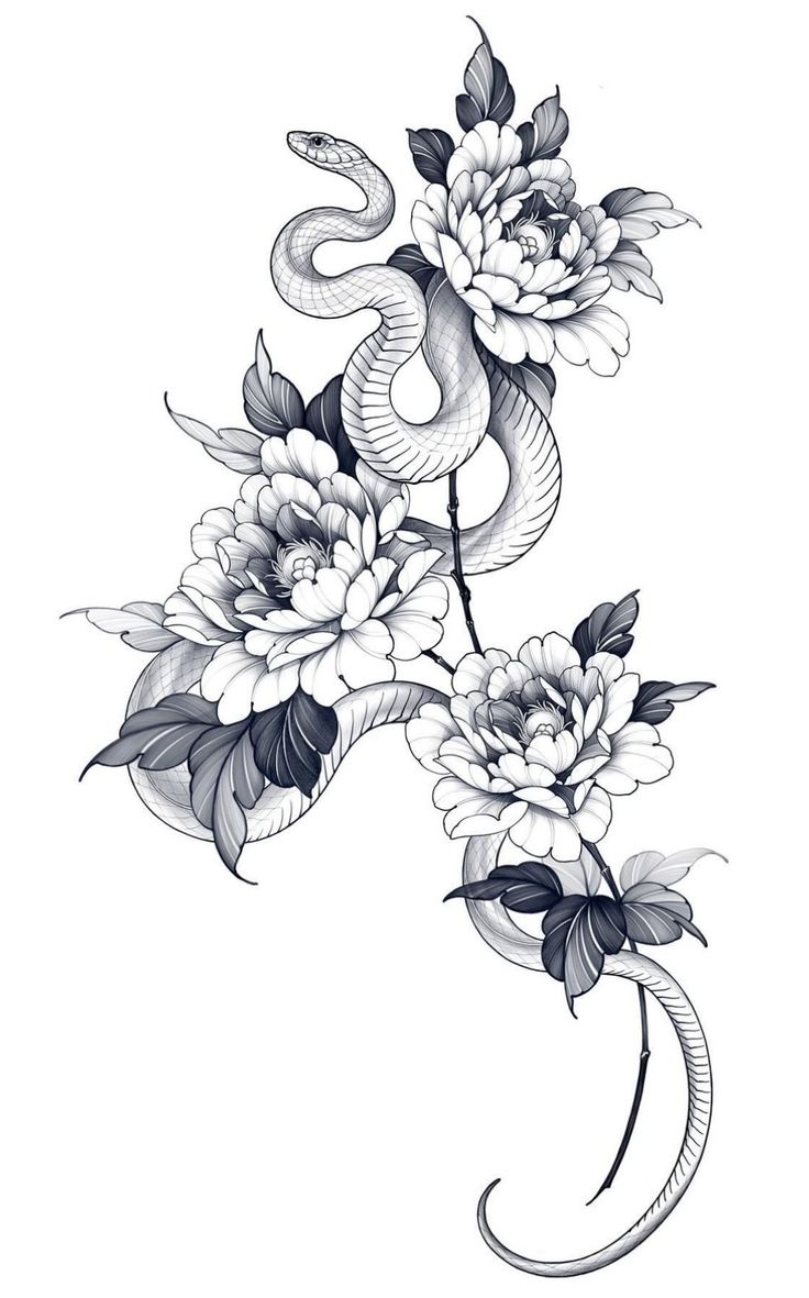 a snake and flowers tattoo design