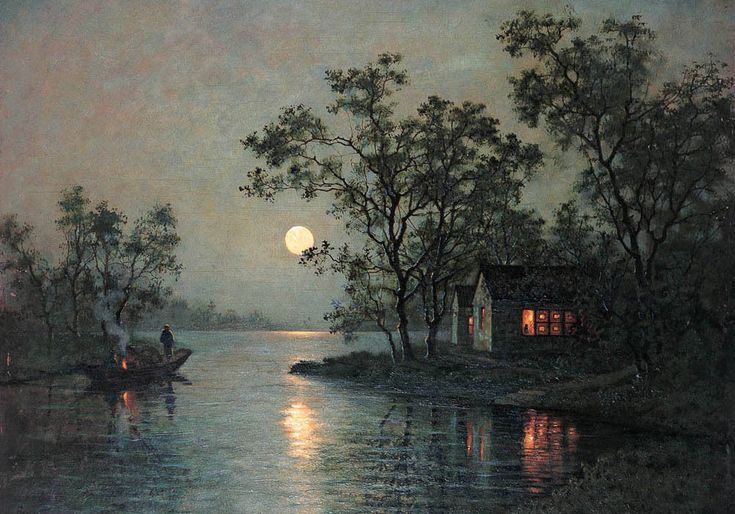 a painting of a boat in the water near a house with a full moon behind it