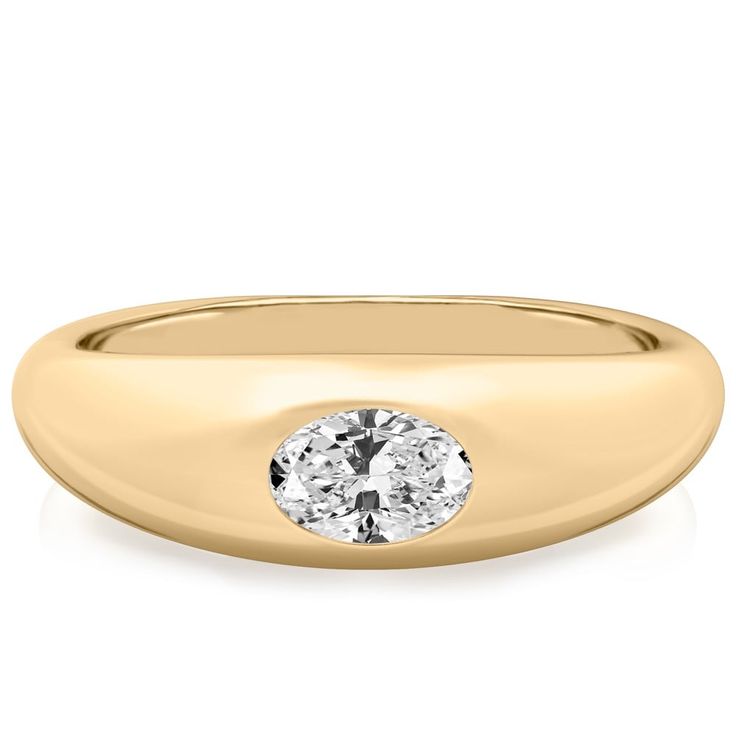 a yellow gold ring with a single diamond in the center and an oval shaped band