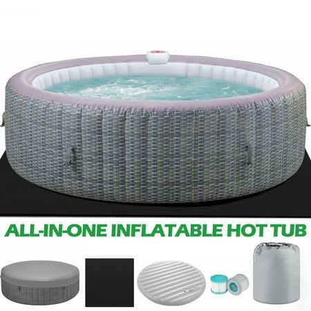 an inflatable hot tub is shown with accessories and instructions for it to use