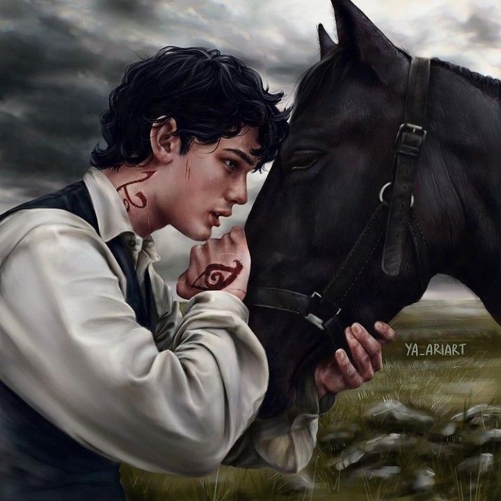 a painting of a man holding the nose of a black horse in front of a cloudy sky