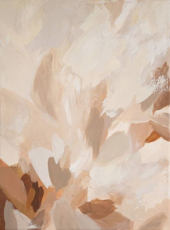 an abstract painting with white, brown and tan colors on it's surface is shown