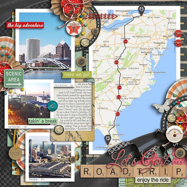 a collage of photos and maps with the word road trip written on it in red