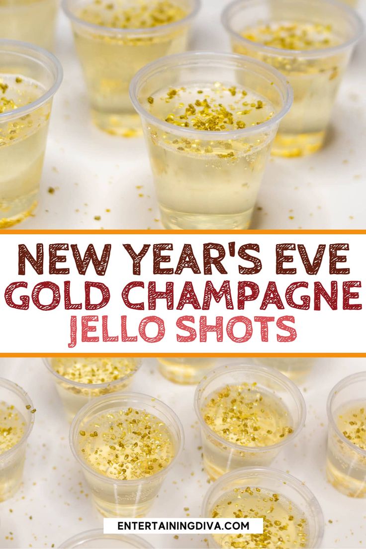 new year's eve champagne jello shots with gold sprinkles in cups