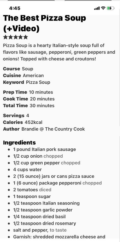 the best pizza soup recipe is shown in this screenshoto screen shot, with instructions to make it