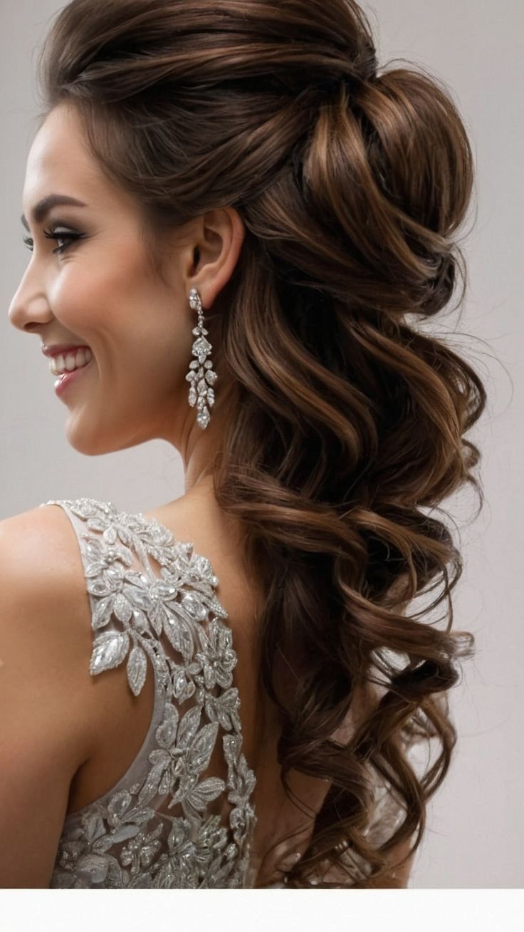 a woman with long brown hair wearing a wedding hairstyle and earrings on her head