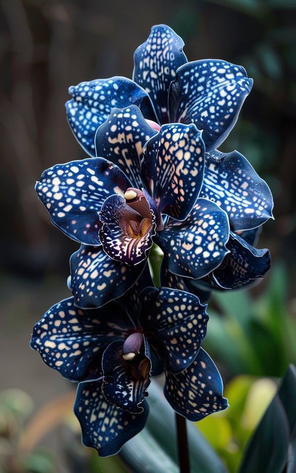 a blue flower with white spots on it