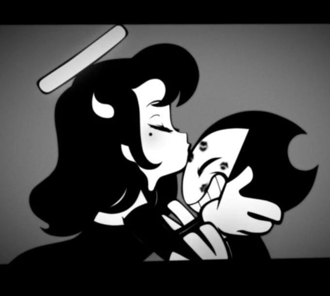 an animated image of a man kissing a woman's face with a knife above her head