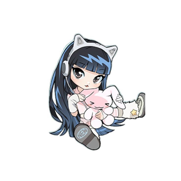 an anime character holding a cat with headphones on