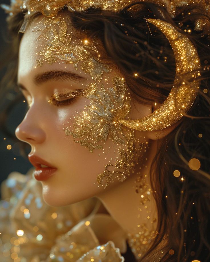 a woman with gold glitter on her face