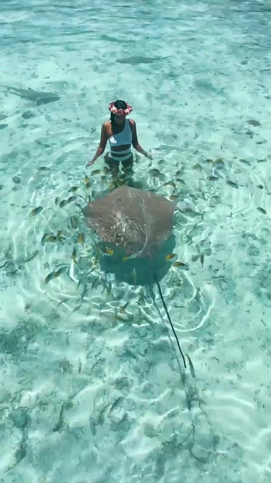 a woman standing in the water with a stingfish