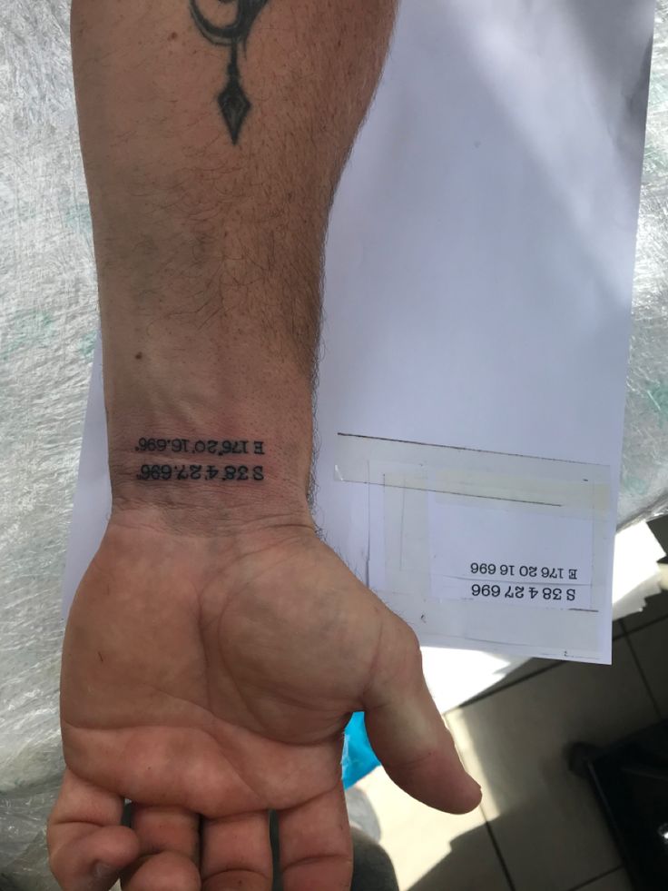 a person with a tattoo on their arm holding up a piece of paper that has writing on it