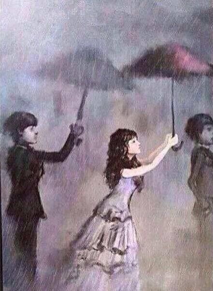 two children are standing in the rain with an umbrella and one is holding another child's hand