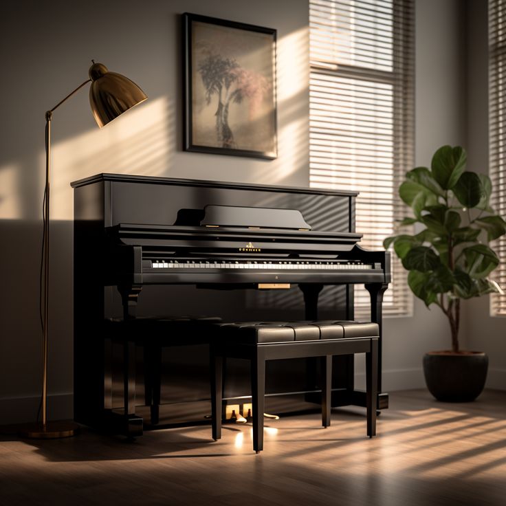 a black piano sitting next to a potted plant in a room with sunlight coming through the windows