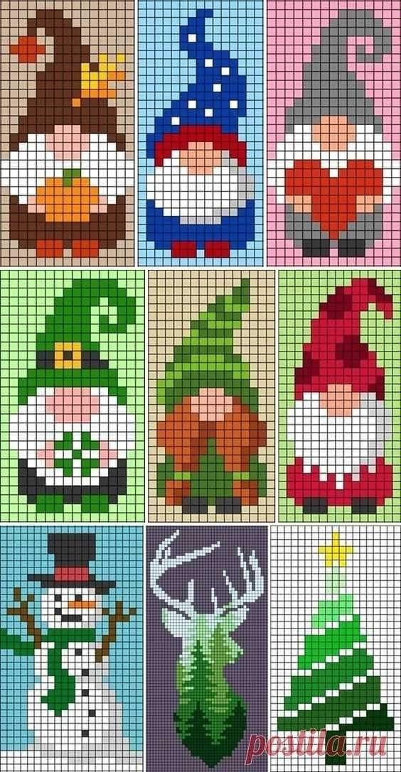 cross stitch pattern for christmas with snowmen, hats and deers on them in different colors