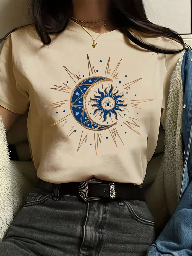 Caqui Casual Collar manga corta Tela Gráfico  Embellished Elástico Ligero Verano Bedazzle Clothes, Sporty Graphic Tee, Zodiac Shirts, Top Shirt Women, Simple Shirts, Women T Shirts, Girls Prints, Round Neck Tops, Summer Fashion Outfits