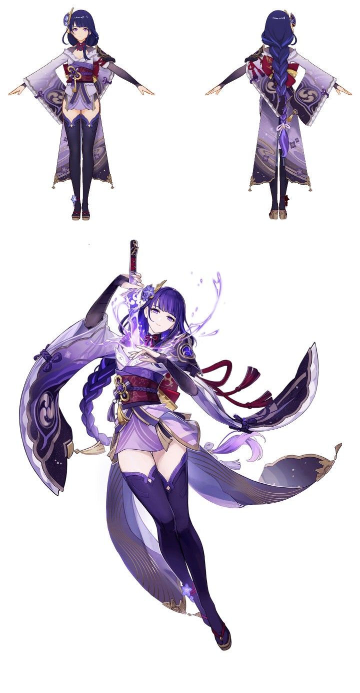 three different views of an anime character with long hair and purple hair, one is holding a