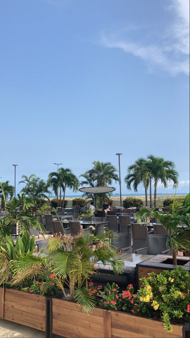 an outdoor patio area with tables, chairs and palm trees